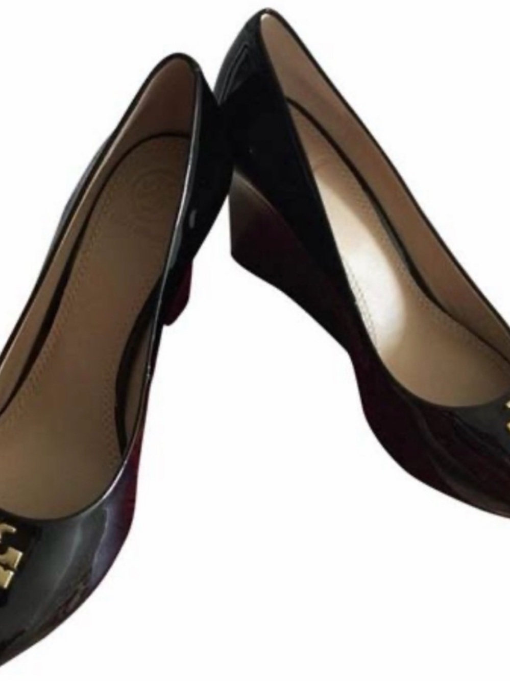 Tory Burch Black Patent Leather Peep-Toe Wedge with Gold Logo - Picture 15 of 15
